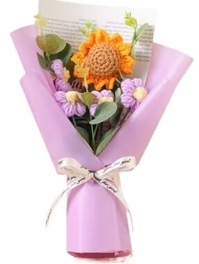 Handmade Crochet Sunflower & Lavender Bouquet - Purple Wrap.